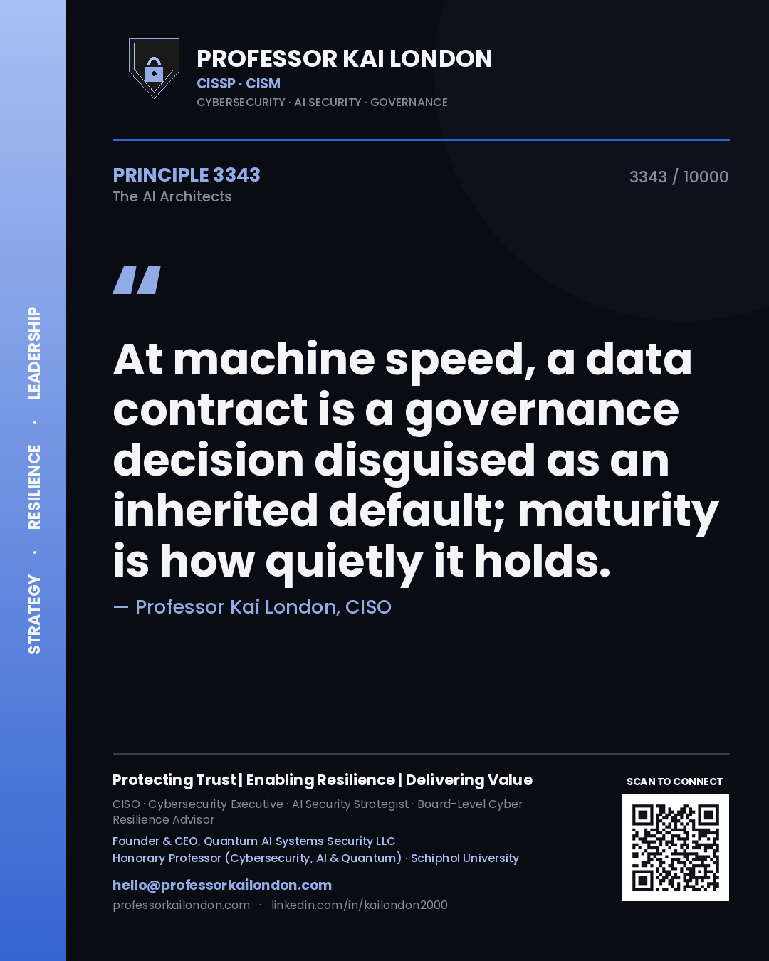 Quote card by Professor Kai London reading 'At machine speed, a data contract is a governance decision disguised as an inherited default; maturity is how quietly it holds.'. From the book The AI Architects.