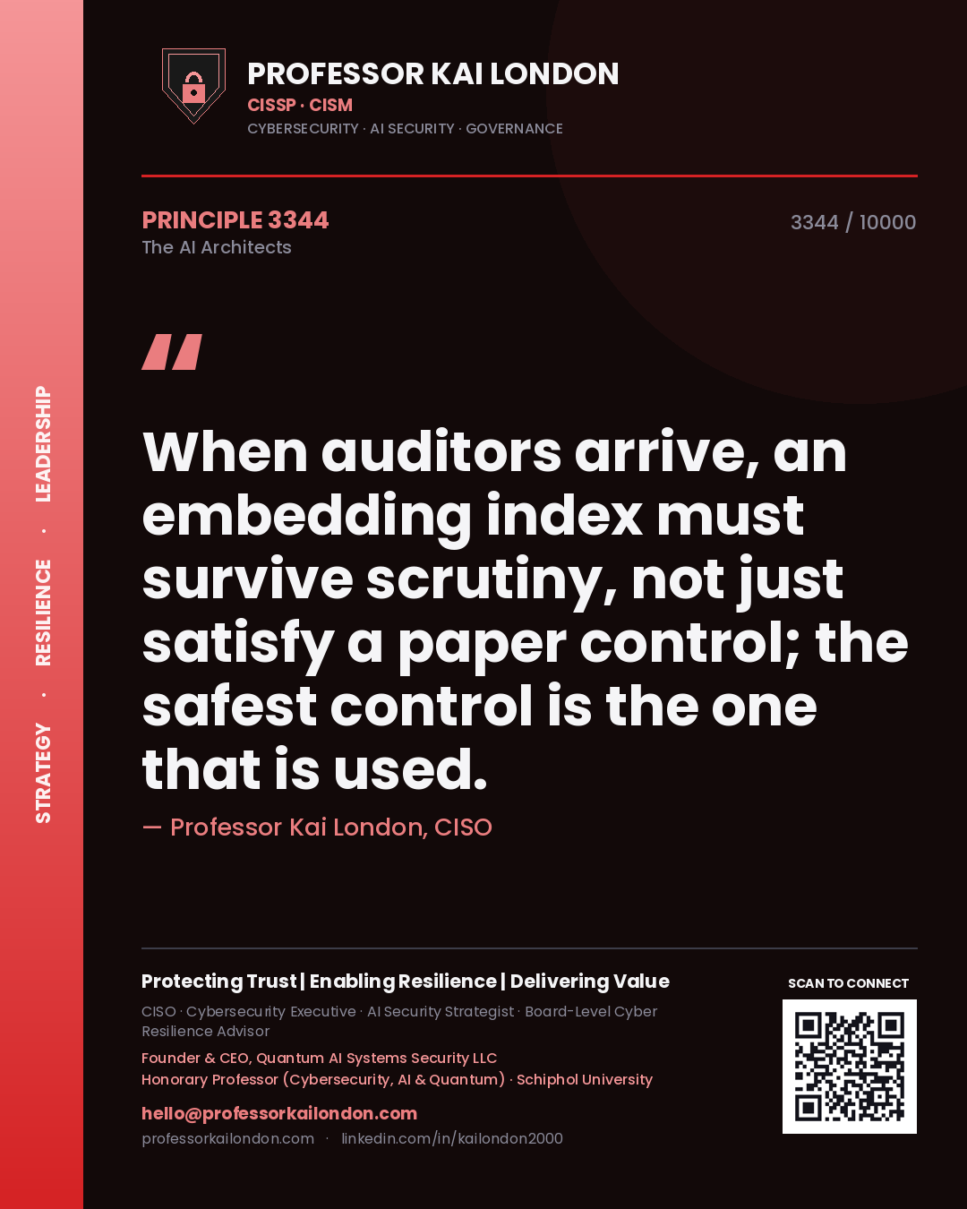 Quote card by Professor Kai London reading 'When auditors arrive, an embedding index must survive scrutiny, not just satisfy a paper control; the safest control is the one that is used.'. From the book The AI Architects.