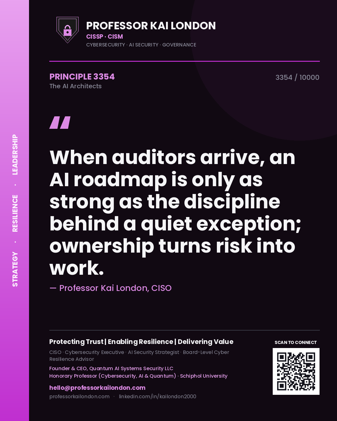 Quote card by Professor Kai London reading 'When auditors arrive, an AI roadmap is only as strong as the discipline behind a quiet exception; ownership turns risk into work.'. From the book The AI Architects.