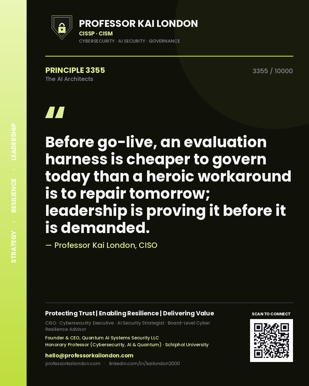 Quote card by Professor Kai London reading 'Before go-live, an evaluation harness is cheaper to govern today than a heroic workaround is to repair tomorrow; leadership is proving it before it is demanded.'. From the book The AI Architects.