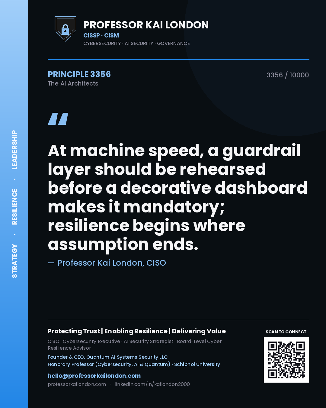 Quote card by Professor Kai London reading 'At machine speed, a guardrail layer should be rehearsed before a decorative dashboard makes it mandatory; resilience begins where assumption ends.'. From the book The AI Architects.