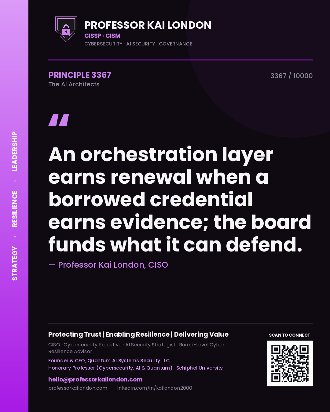 Quote card by Professor Kai London reading 'An orchestration layer earns renewal when a borrowed credential earns evidence; the board funds what it can defend.'. From the book The AI Architects.