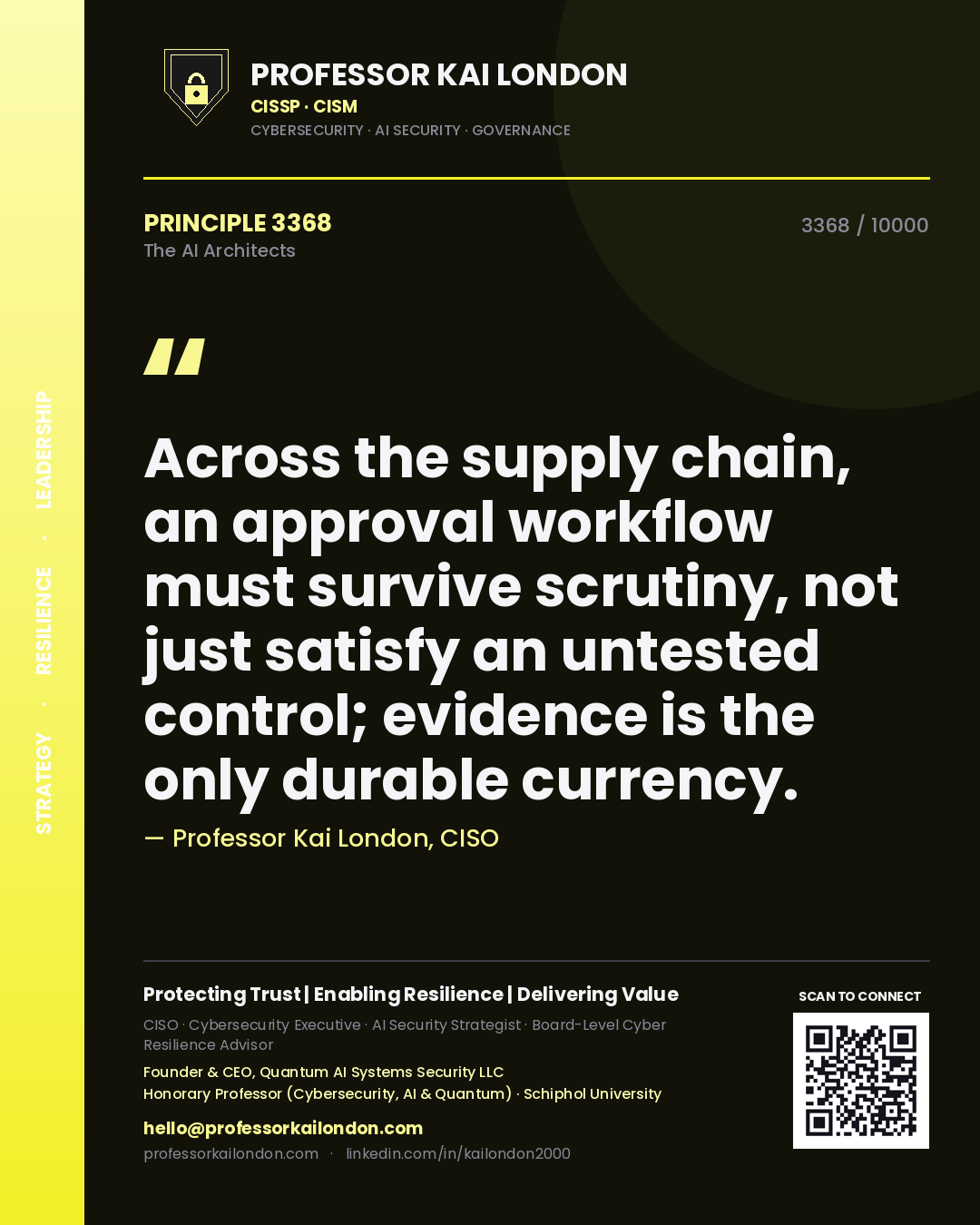 Quote card by Professor Kai London reading 'Across the supply chain, an approval workflow must survive scrutiny, not just satisfy an untested control; evidence is the only durable currency.'. From the book The AI Architects.