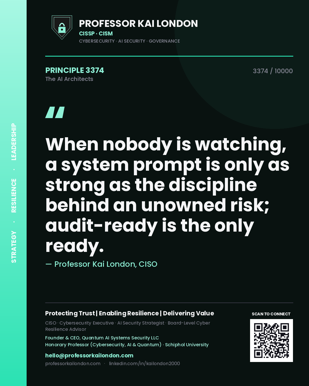 Quote card by Professor Kai London reading 'When nobody is watching, a system prompt is only as strong as the discipline behind an unowned risk; audit-ready is the only ready.'. From the book The AI Architects.