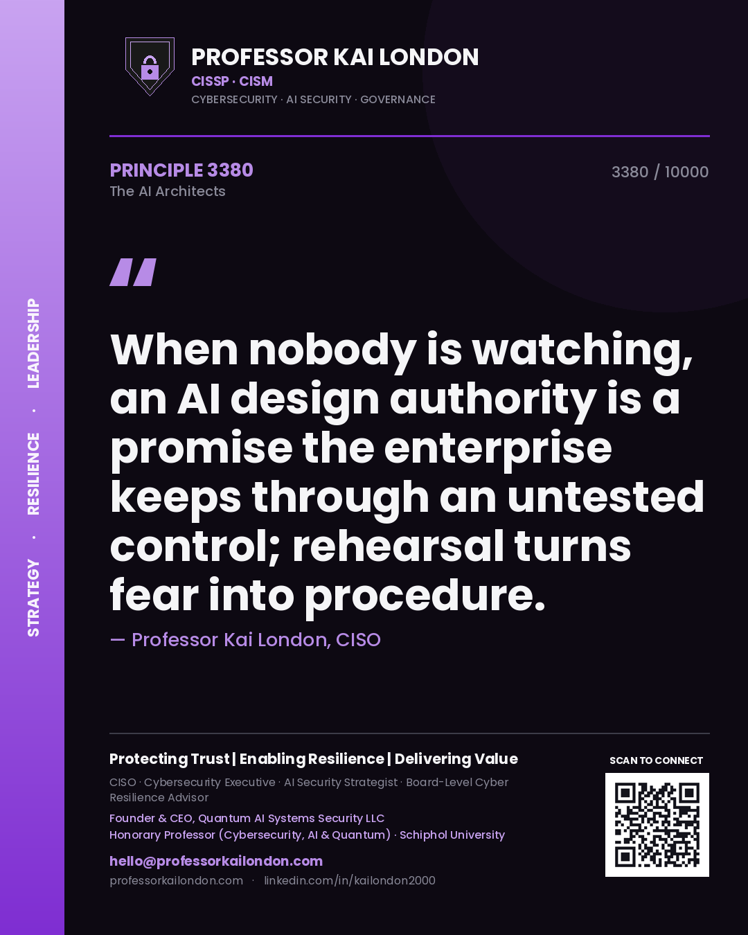 Quote card by Professor Kai London reading 'When nobody is watching, an AI design authority is a promise the enterprise keeps through an untested control; rehearsal turns fear into procedure.'. From the book The AI Architects.