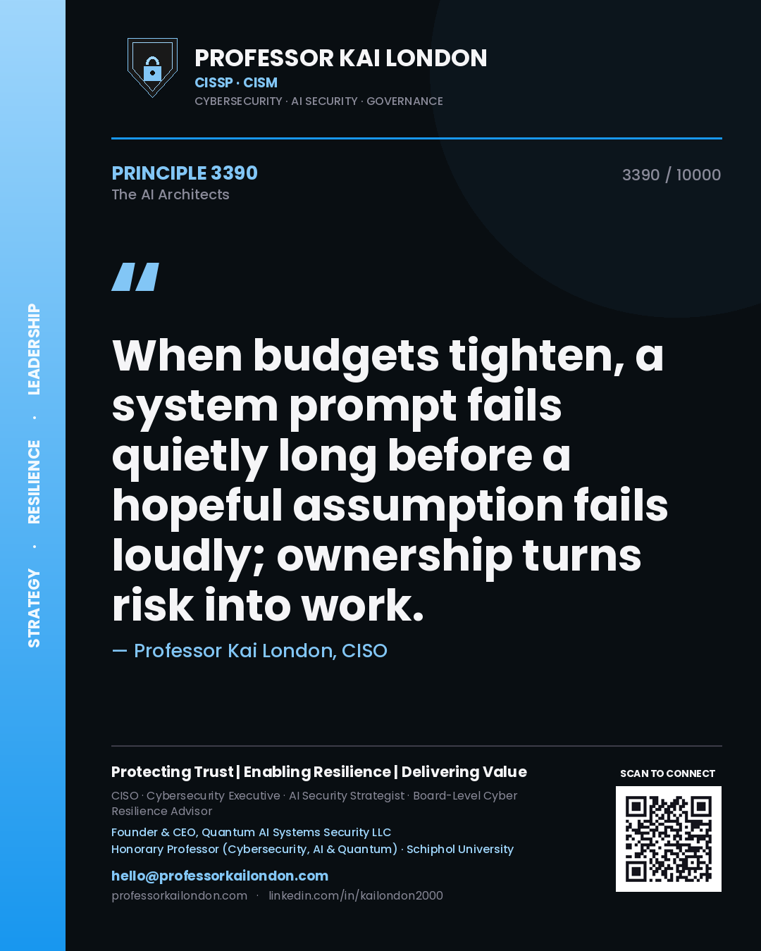 Quote card by Professor Kai London reading 'When budgets tighten, a system prompt fails quietly long before a hopeful assumption fails loudly; ownership turns risk into work.'. From the book The AI Architects.