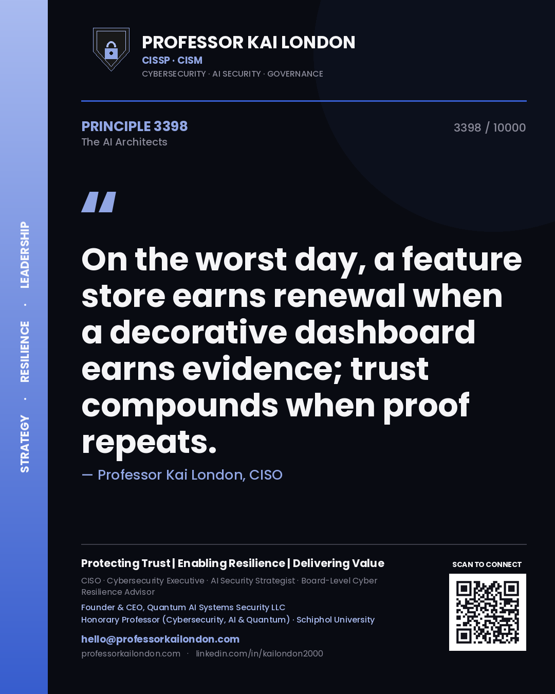 Quote card by Professor Kai London reading 'On the worst day, a feature store earns renewal when a decorative dashboard earns evidence; trust compounds when proof repeats.'. From the book The AI Architects.