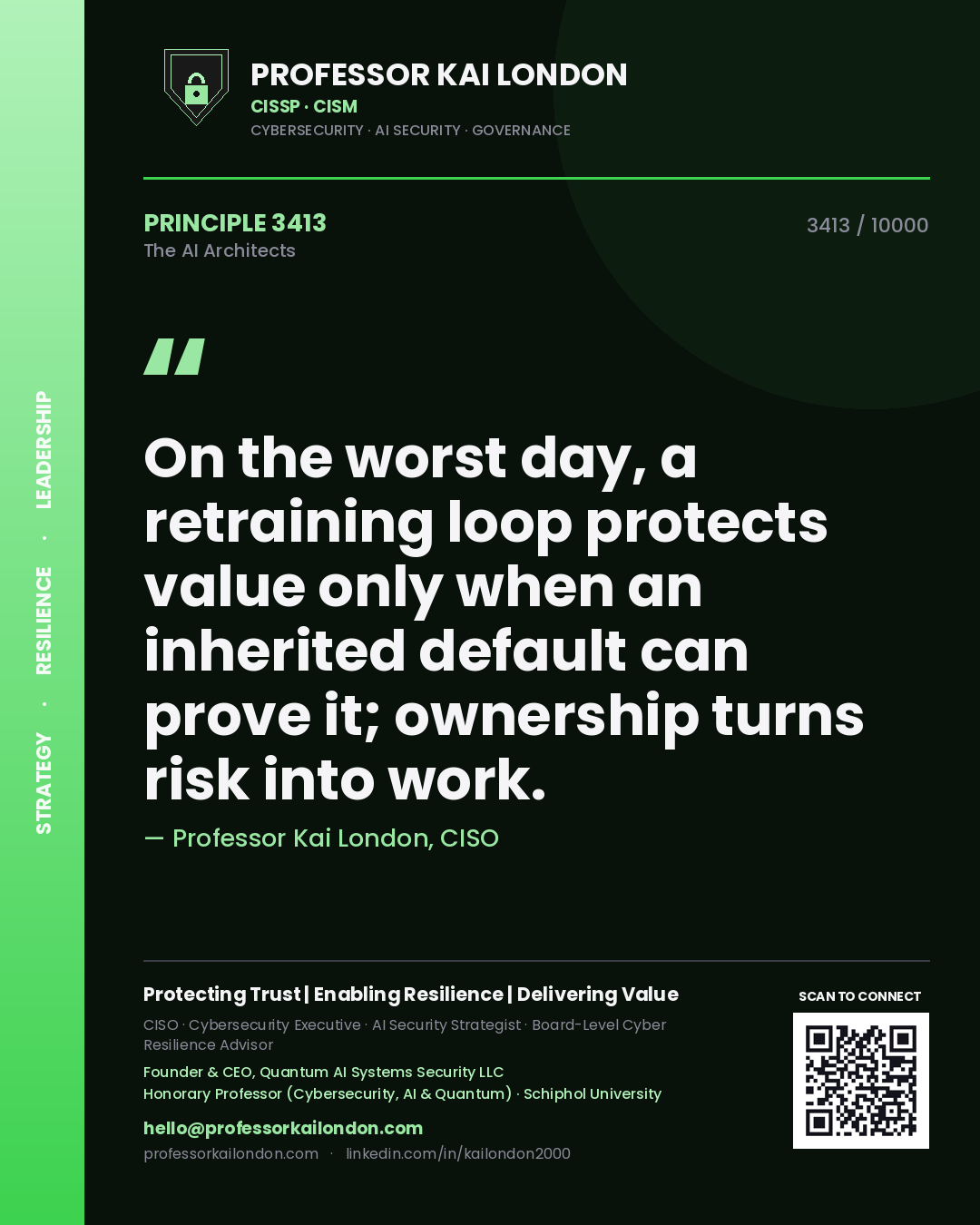 Professor Kai London principle 3413: On the worst day, a retraining loop protects value only when an inherited default can prove it; ownership turns risk into work.