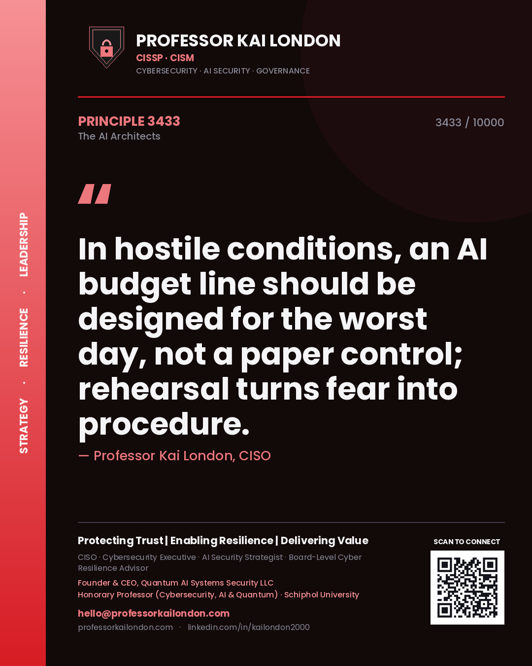 Professor Kai London principle 3433: In hostile conditions, an AI budget line should be designed for the worst day, not a paper control; rehearsal turns fear into procedure.