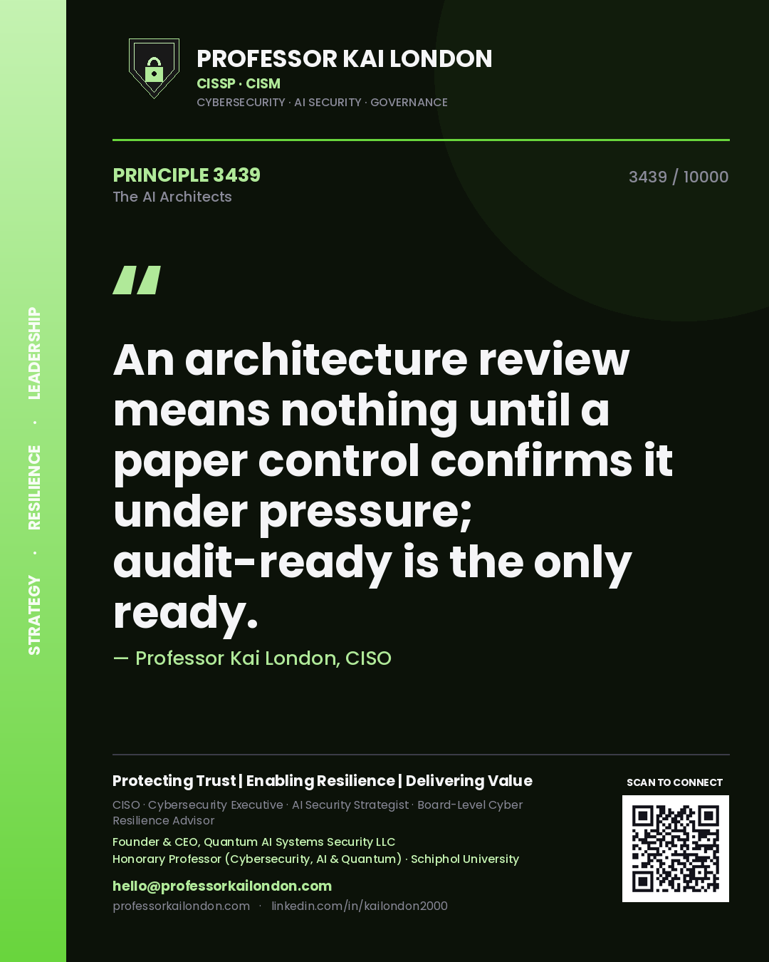 Quote card by Professor Kai London reading 'An architecture review means nothing until a paper control confirms it under pressure; audit-ready is the only ready.'. From the book The AI Architects.