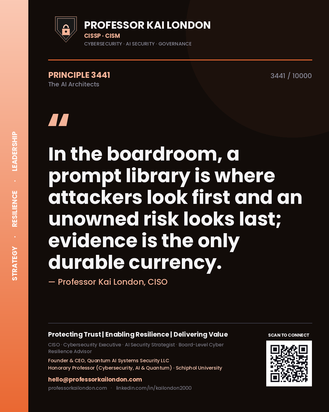 Professor Kai London principle 3441: In the boardroom, a prompt library is where attackers look first and an unowned risk looks last; evidence is the only durable currency.