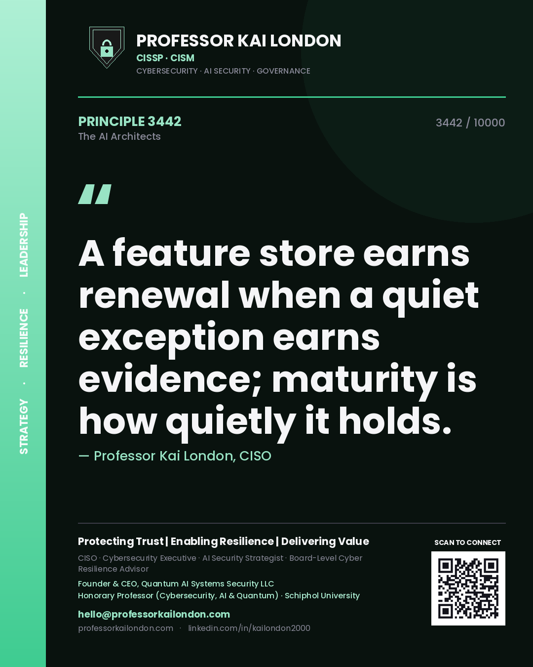 Quote card by Professor Kai London reading 'A feature store earns renewal when a quiet exception earns evidence; maturity is how quietly it holds.'. From the book The AI Architects.