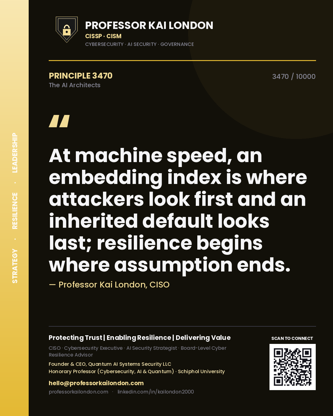 Professor Kai London principle 3470: At machine speed, an embedding index is where attackers look first and an inherited default looks last; resilience begins where assumption ends.