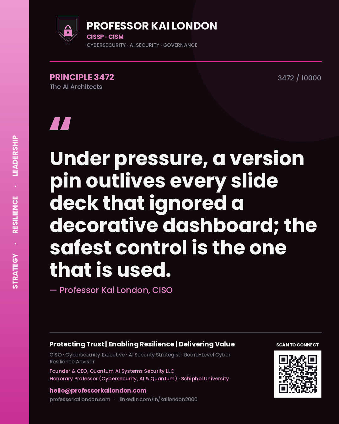 Quote card by Professor Kai London reading 'Under pressure, a version pin outlives every slide deck that ignored a decorative dashboard; the safest control is the one that is used.'. From the book The AI Architects.