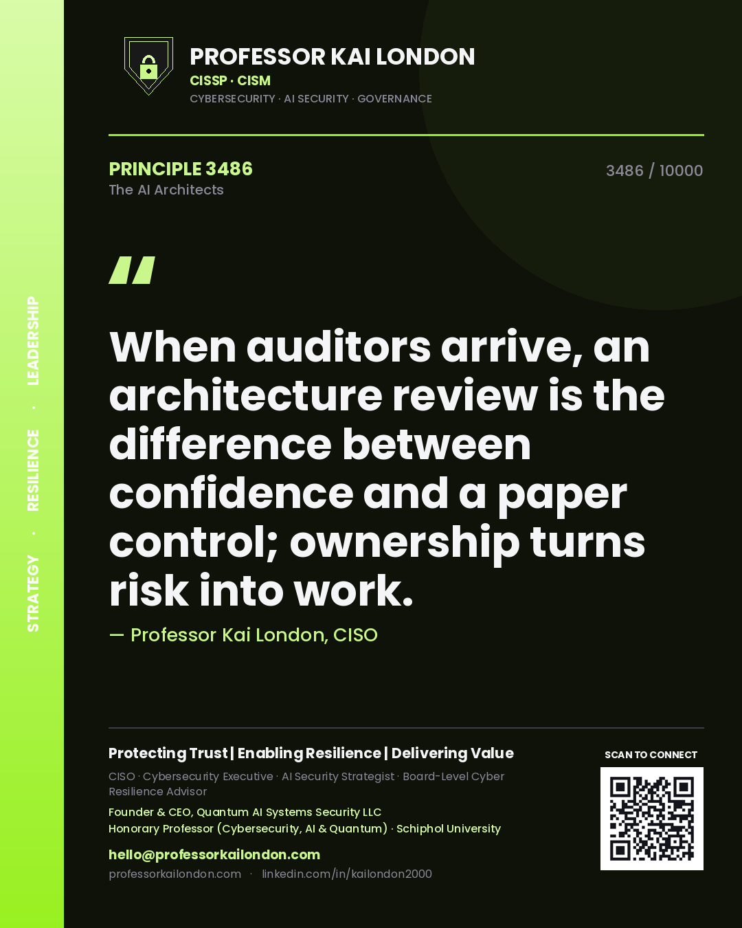 Professor Kai London principle 3486: When auditors arrive, an architecture review is the difference between confidence and a paper control; ownership turns risk into work.