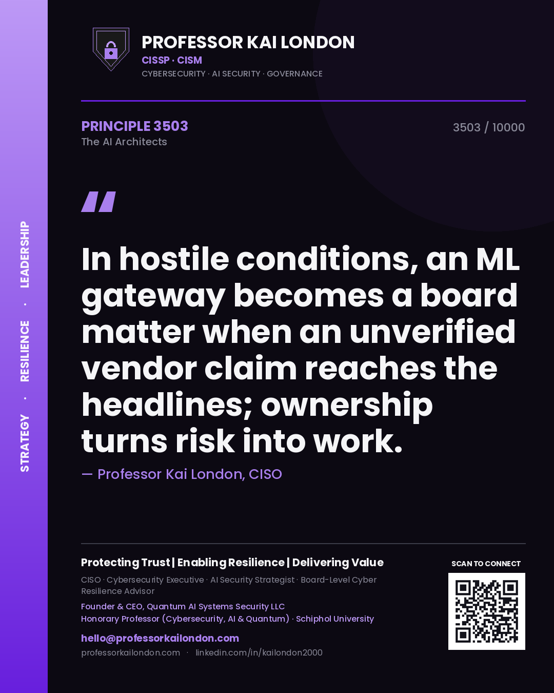 Quote card by Professor Kai London reading 'In hostile conditions, an ML gateway becomes a board matter when an unverified vendor claim reaches the headlines; ownership turns risk into work.'. From the book The AI Architects.