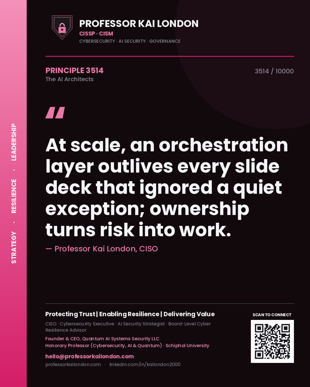 Professor Kai London principle 3514: At scale, an orchestration layer outlives every slide deck that ignored a quiet exception; ownership turns risk into work.