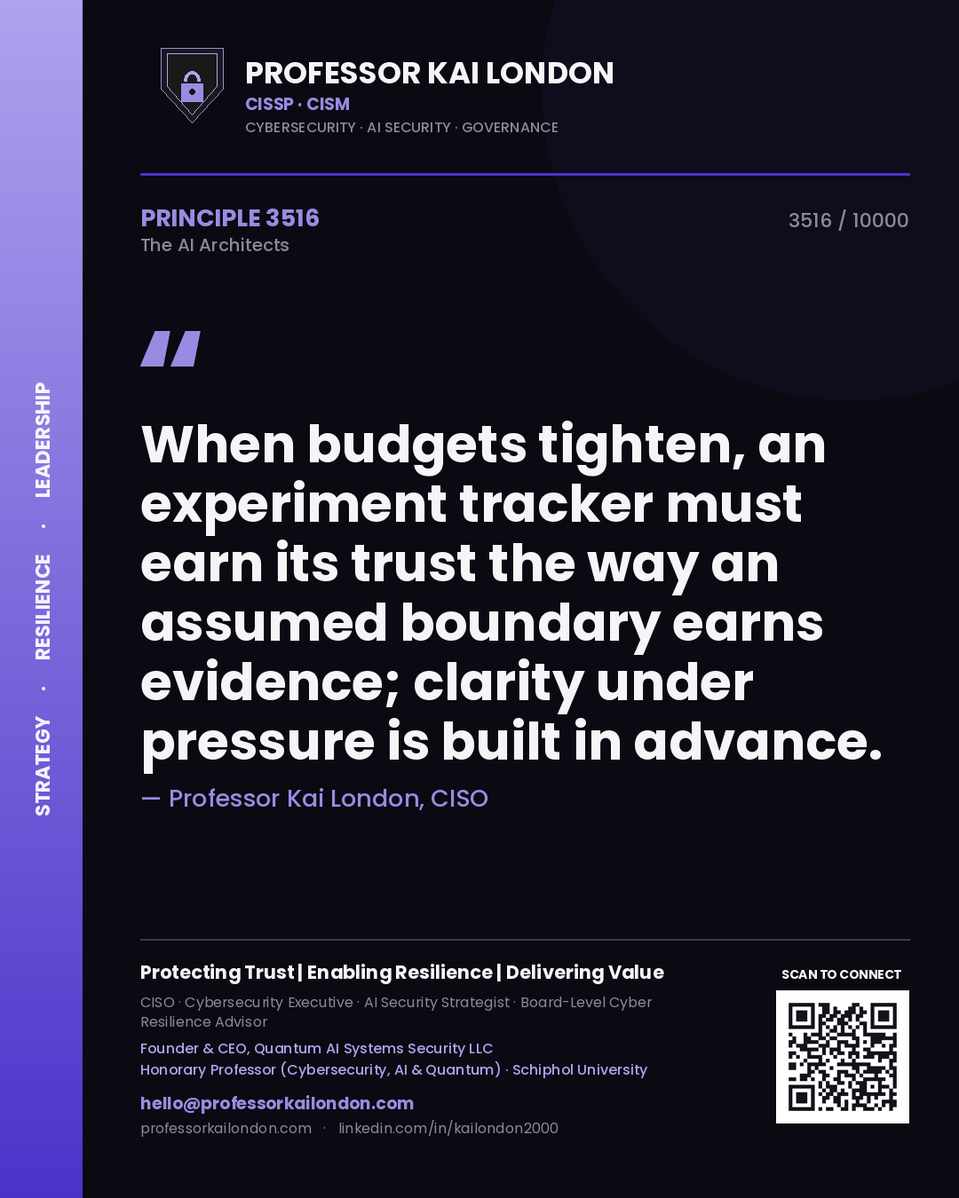 Professor Kai London principle 3516: When budgets tighten, an experiment tracker must earn its trust the way an assumed boundary earns evidence; clarity under pressure is built in advance.