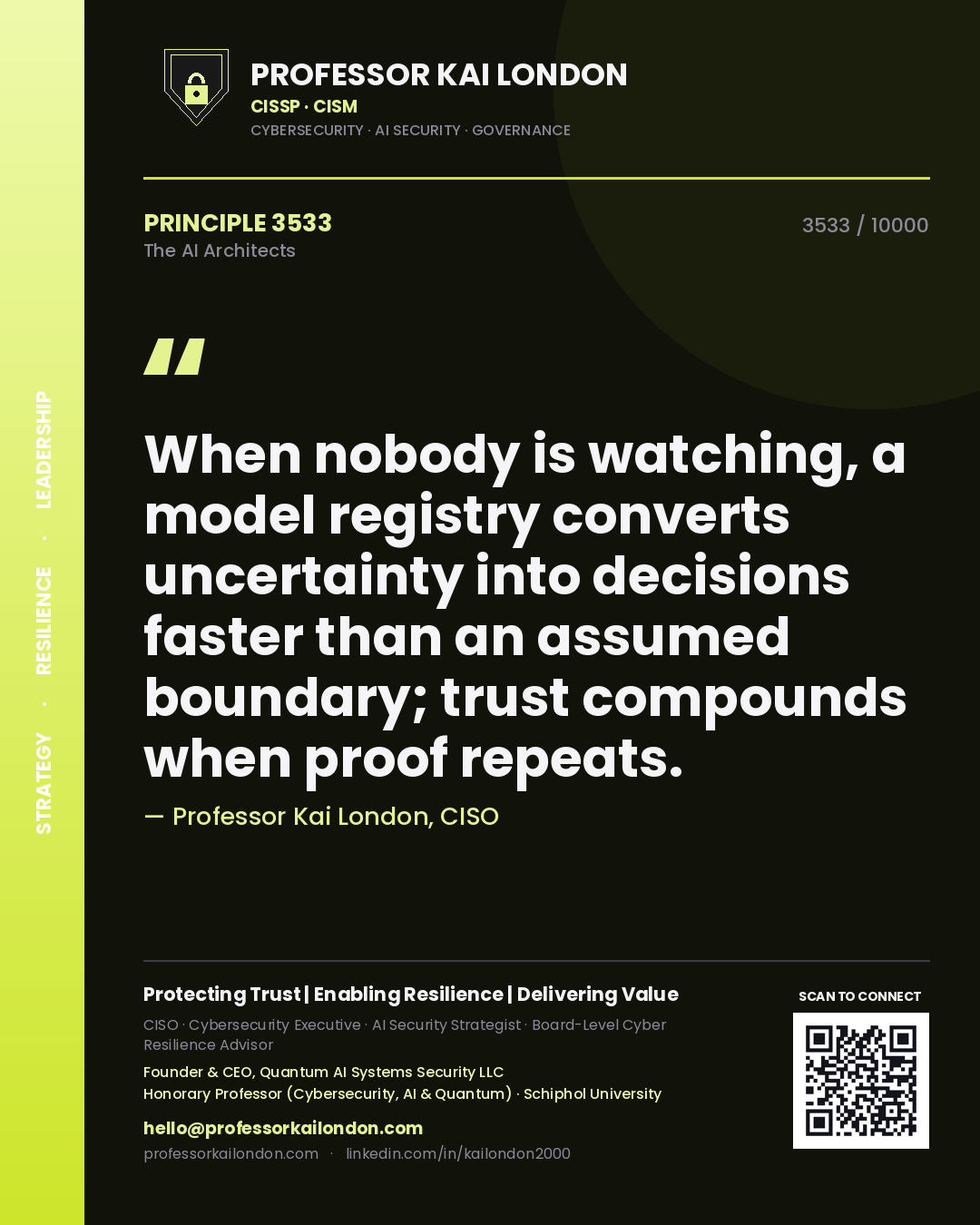 Quote card by Professor Kai London reading 'When nobody is watching, a model registry converts uncertainty into decisions faster than an assumed boundary; trust compounds when proof repeats.'. From the book The AI Architects.