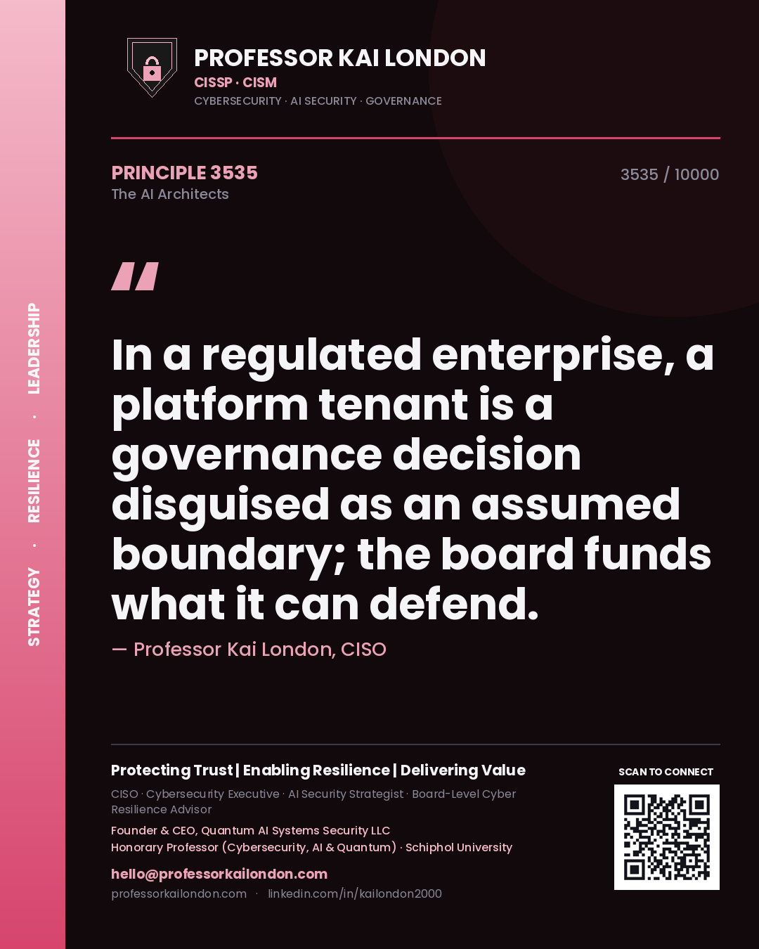 Quote card by Professor Kai London reading 'In a regulated enterprise, a platform tenant is a governance decision disguised as an assumed boundary; the board funds what it can defend.'. From the book The AI Architects.