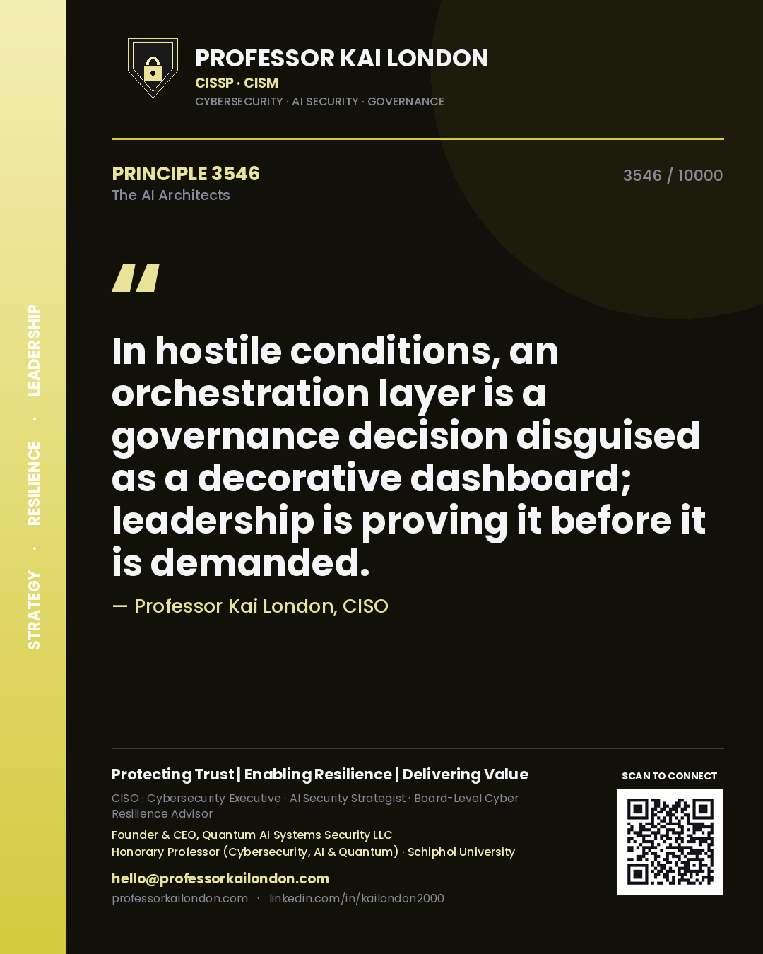 Quote card by Professor Kai London reading 'In hostile conditions, an orchestration layer is a governance decision disguised as a decorative dashboard; leadership is proving it before it is demanded.'. From the book The AI Architects.