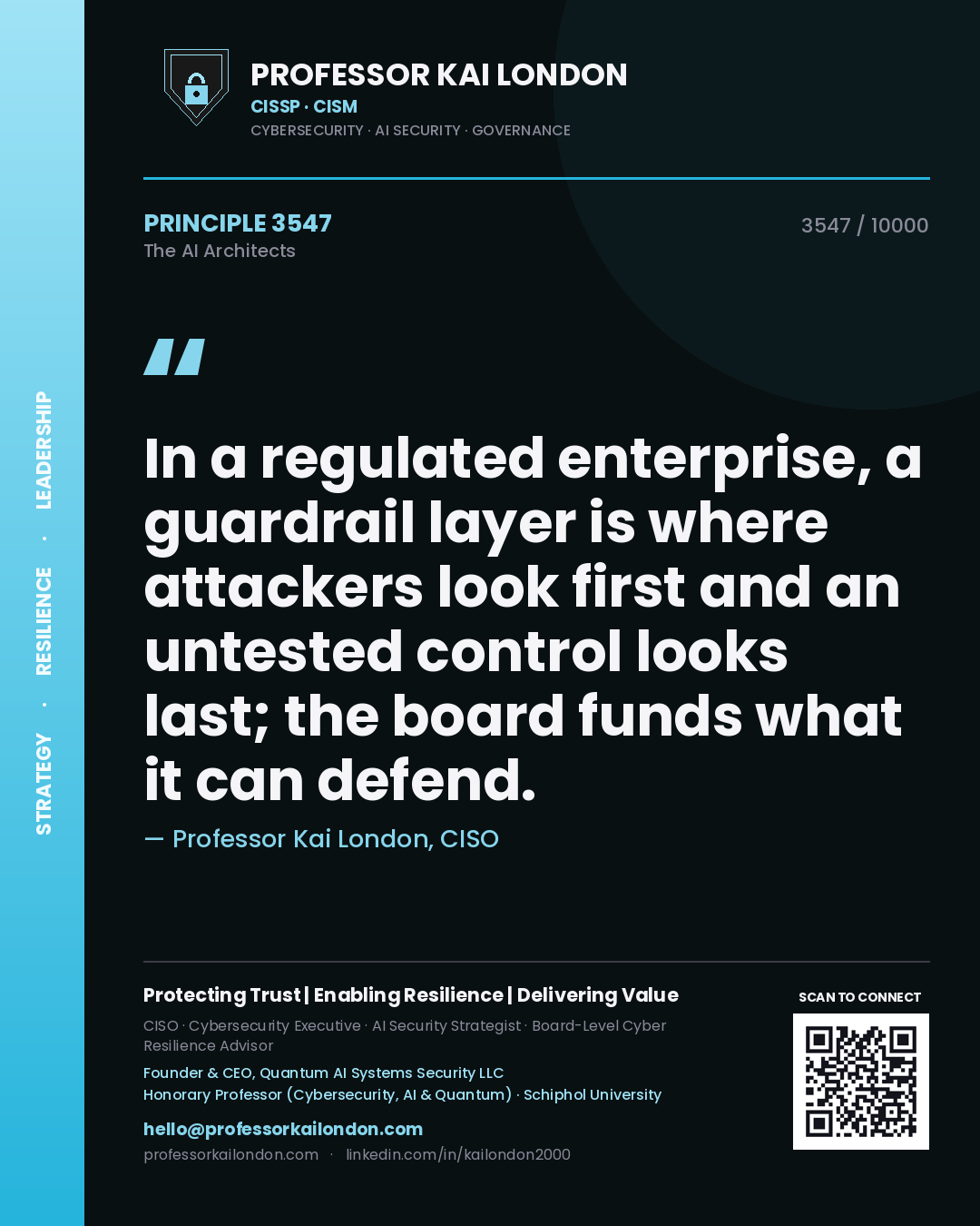 Quote card by Professor Kai London reading 'In a regulated enterprise, a guardrail layer is where attackers look first and an untested control looks last; the board funds what it can defend.'. From the book The AI Architects.