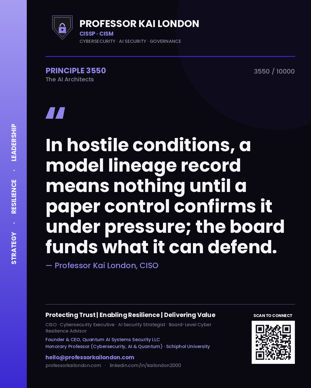 Quote card by Professor Kai London reading 'In hostile conditions, a model lineage record means nothing until a paper control confirms it under pressure; the board funds what it can defend.'. From the book The AI Architects.