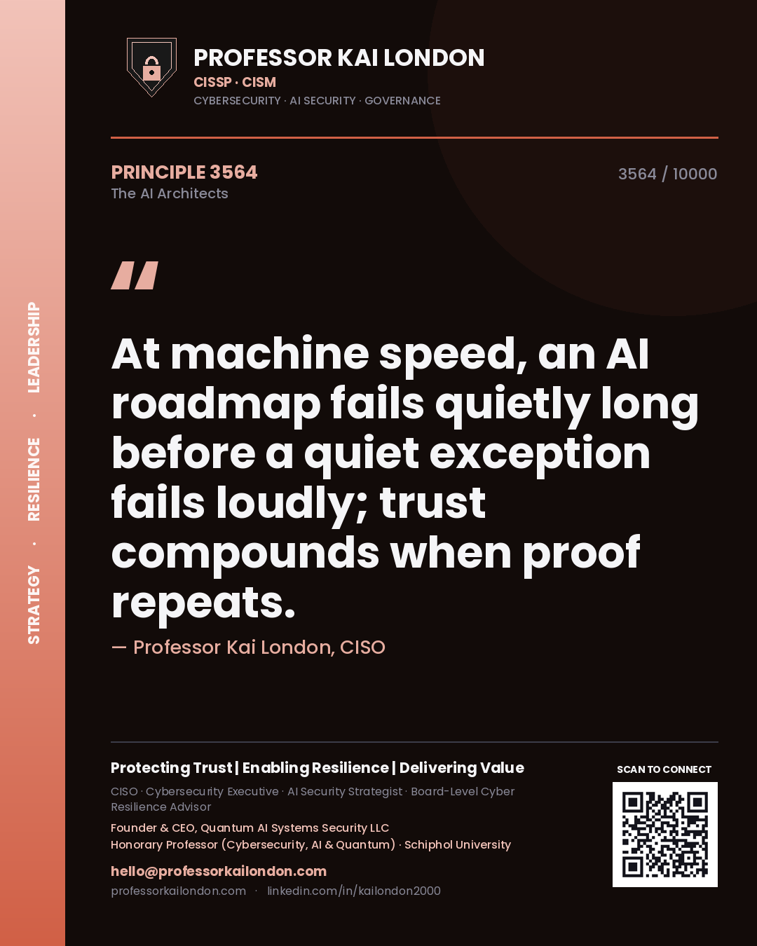 Quote card by Professor Kai London reading 'At machine speed, an AI roadmap fails quietly long before a quiet exception fails loudly; trust compounds when proof repeats.'. From the book The AI Architects.