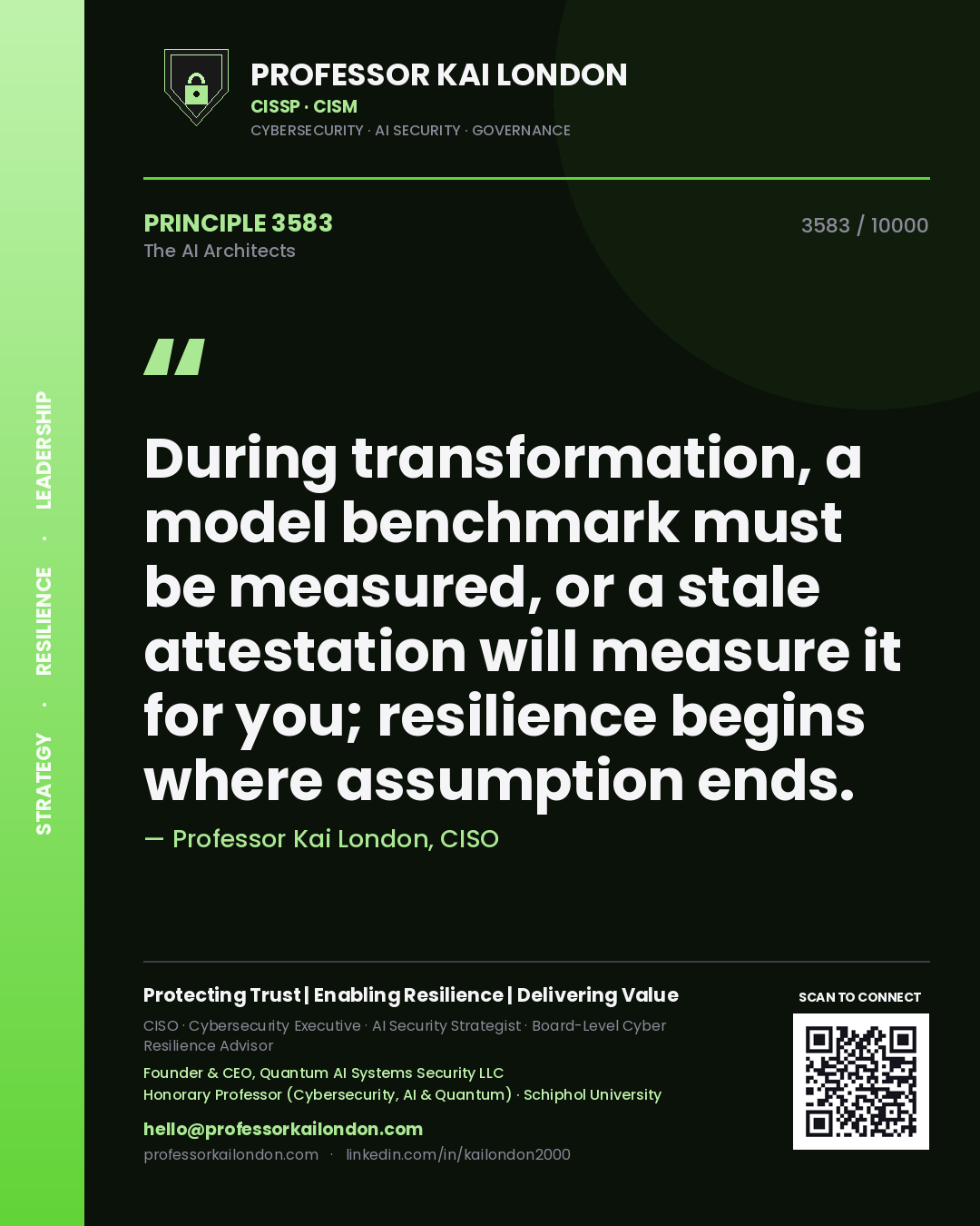 Quote card by Professor Kai London reading 'During transformation, a model benchmark must be measured, or a stale attestation will measure it for you; resilience begins where assumption ends.'. From the book The AI Architects.
