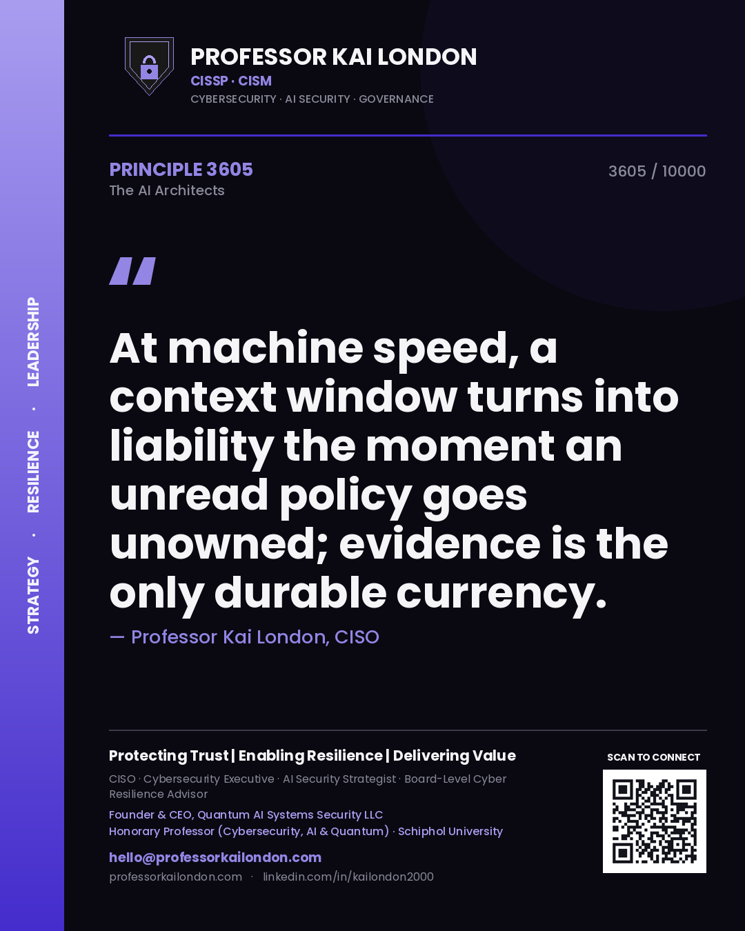 Quote card by Professor Kai London reading 'At machine speed, a context window turns into liability the moment an unread policy goes unowned; evidence is the only durable currency.'. From the book The AI Architects.