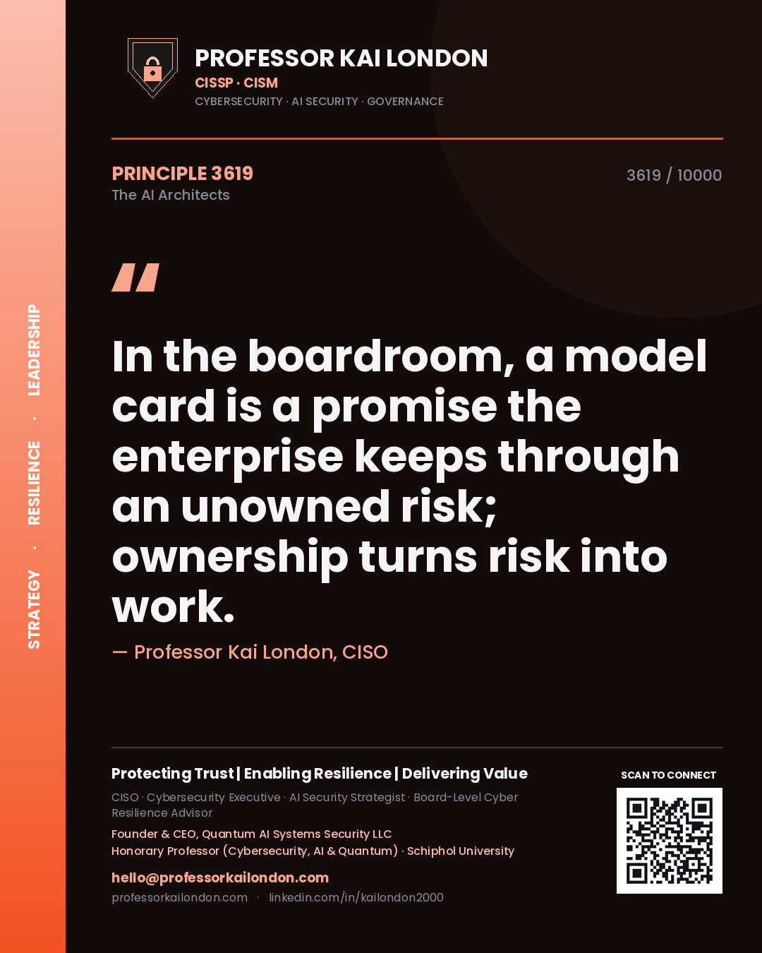 Quote card by Professor Kai London reading 'In the boardroom, a model card is a promise the enterprise keeps through an unowned risk; ownership turns risk into work.'. From the book The AI Architects.