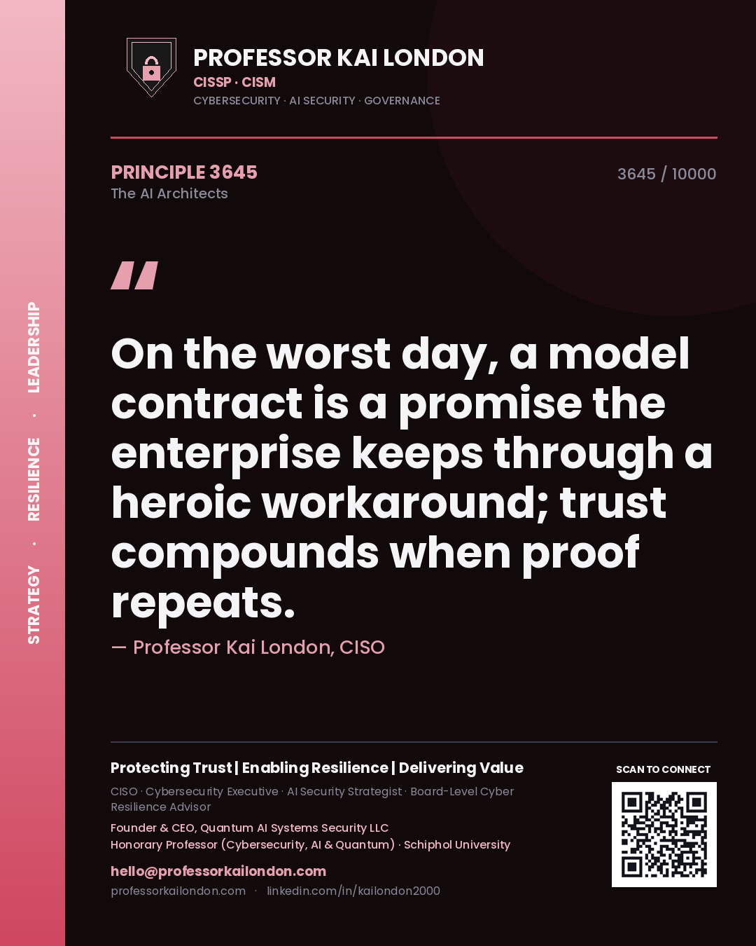 Quote card by Professor Kai London reading 'On the worst day, a model contract is a promise the enterprise keeps through a heroic workaround; trust compounds when proof repeats.'. From the book The AI Architects.