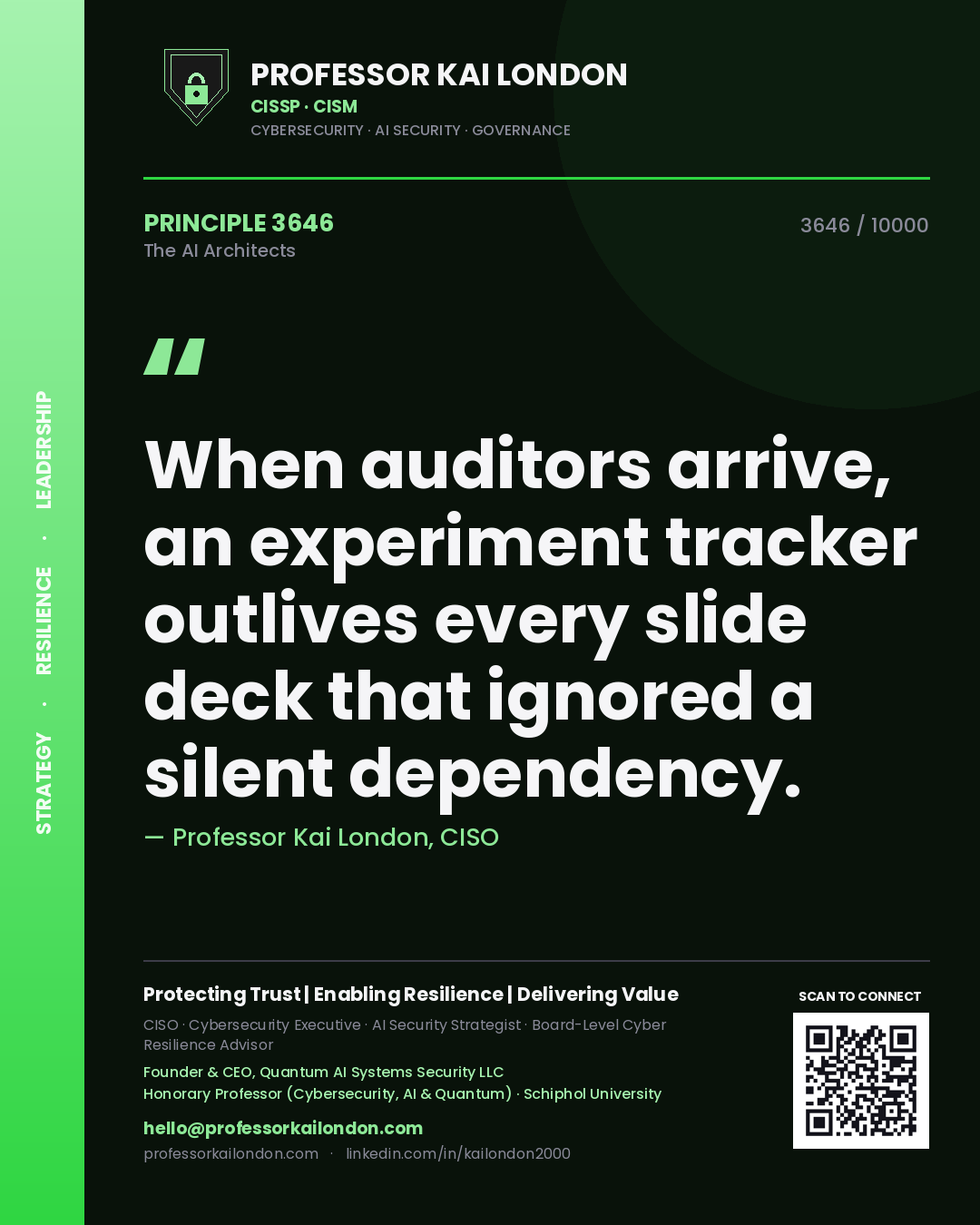 Quote card by Professor Kai London reading 'When auditors arrive, an experiment tracker outlives every slide deck that ignored a silent dependency.'. From the book The AI Architects.