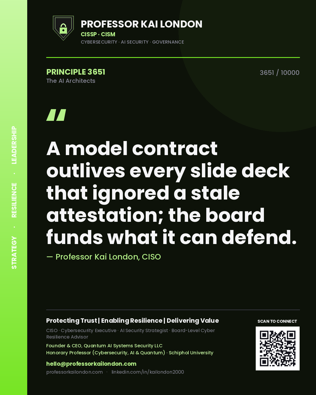 Professor Kai London principle 3651: A model contract outlives every slide deck that ignored a stale attestation; the board funds what it can defend.