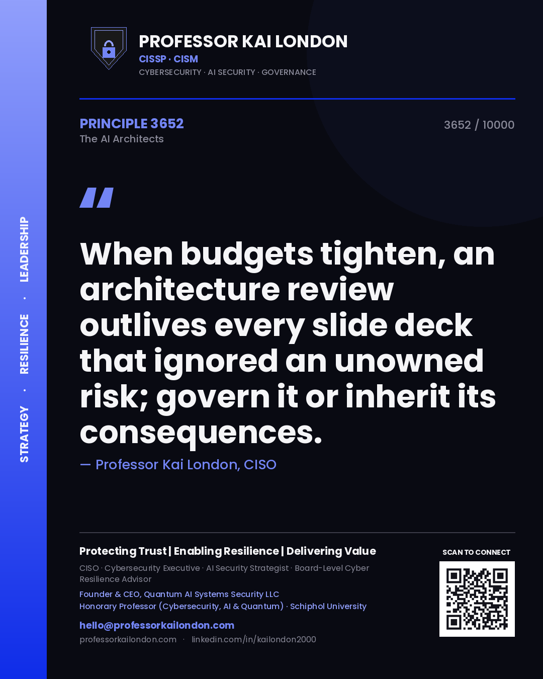 Quote card by Professor Kai London reading 'When budgets tighten, an architecture review outlives every slide deck that ignored an unowned risk; govern it or inherit its consequences.'. From the book The AI Architects.