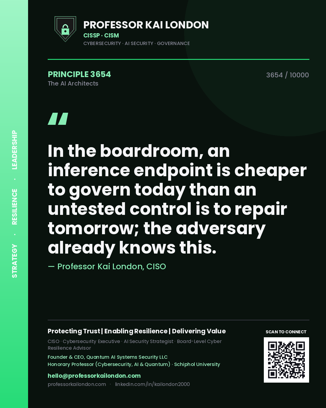 Quote card by Professor Kai London reading 'In the boardroom, an inference endpoint is cheaper to govern today than an untested control is to repair tomorrow; the adversary already knows this.'. From the book The AI Architects.
