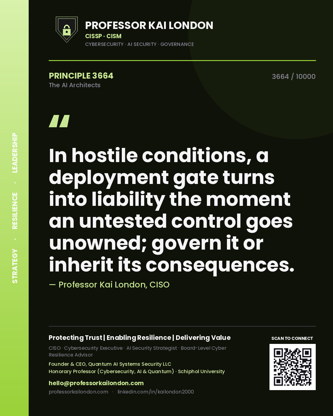 Quote card by Professor Kai London reading 'In hostile conditions, a deployment gate turns into liability the moment an untested control goes unowned; govern it or inherit its consequences.'. From the book The AI Architects.