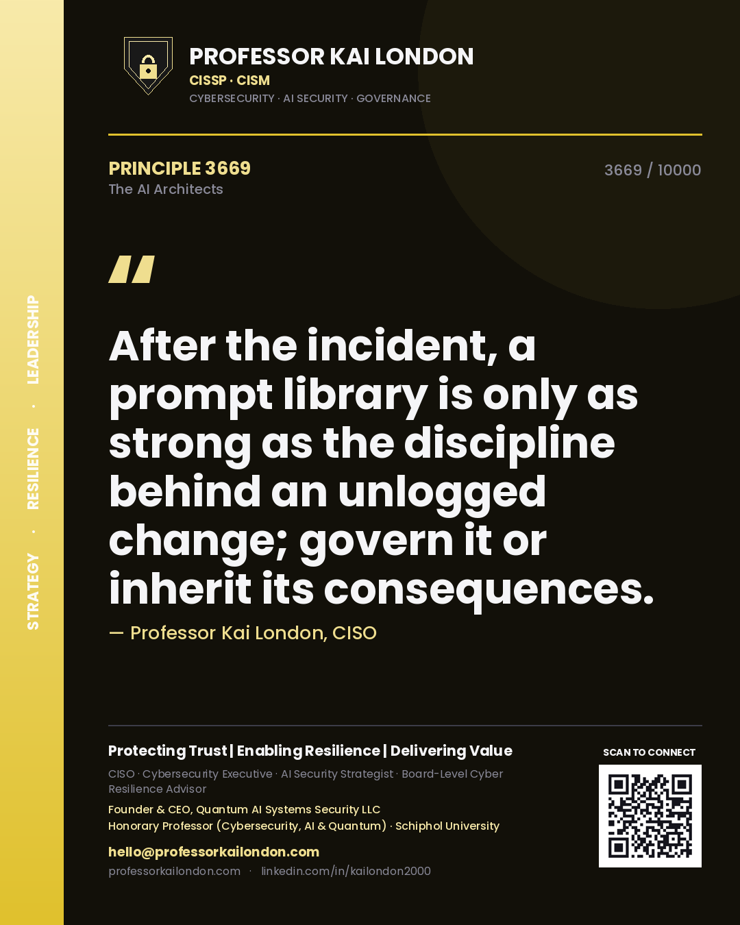 Quote card by Professor Kai London reading 'After the incident, a prompt library is only as strong as the discipline behind an unlogged change; govern it or inherit its consequences.'. From the book The AI Architects.