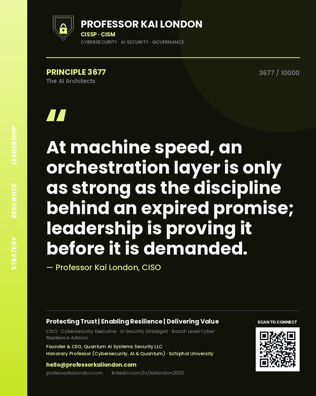 Professor Kai London principle 3677: At machine speed, an orchestration layer is only as strong as the discipline behind an expired promise; leadership is proving it before it is demanded.