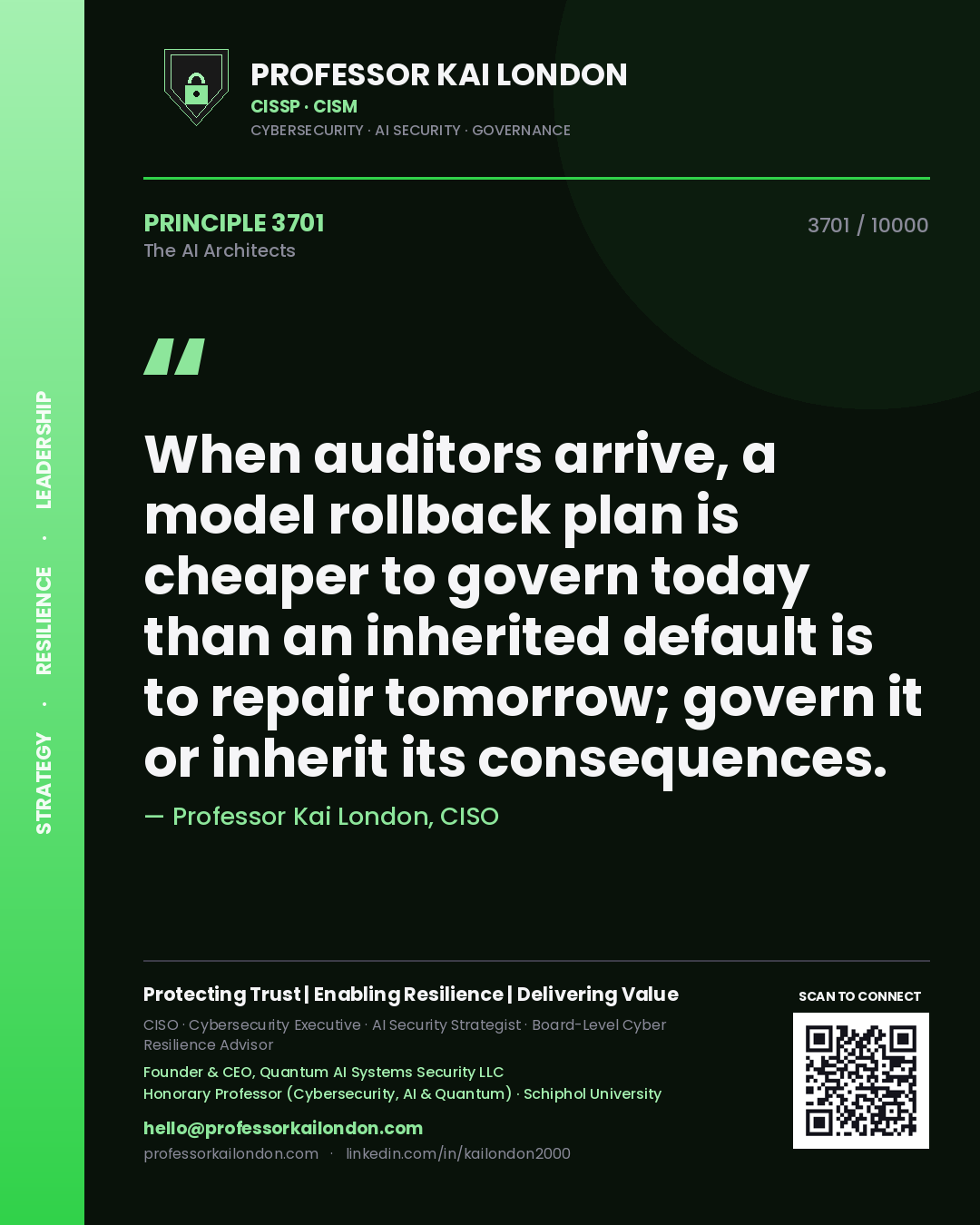 Quote card by Professor Kai London reading 'When auditors arrive, a model rollback plan is cheaper to govern today than an inherited default is to repair tomorrow; govern it or inherit its consequences.'. From the book The AI Architects.