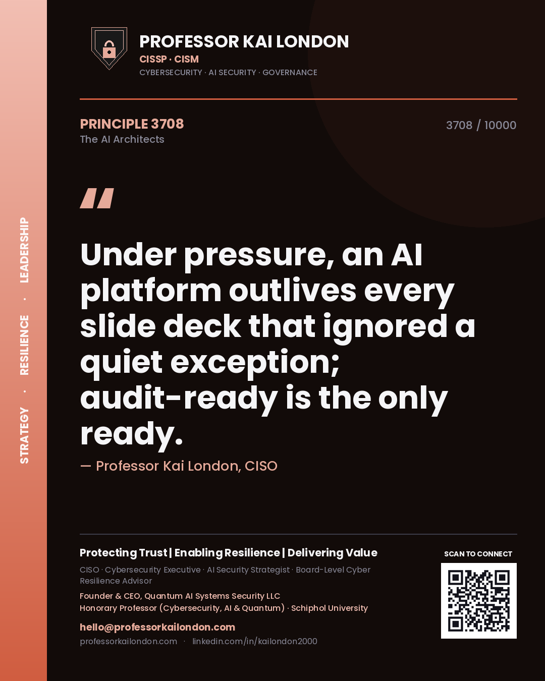 Professor Kai London principle 3708: Under pressure, an AI platform outlives every slide deck that ignored a quiet exception; audit-ready is the only ready.