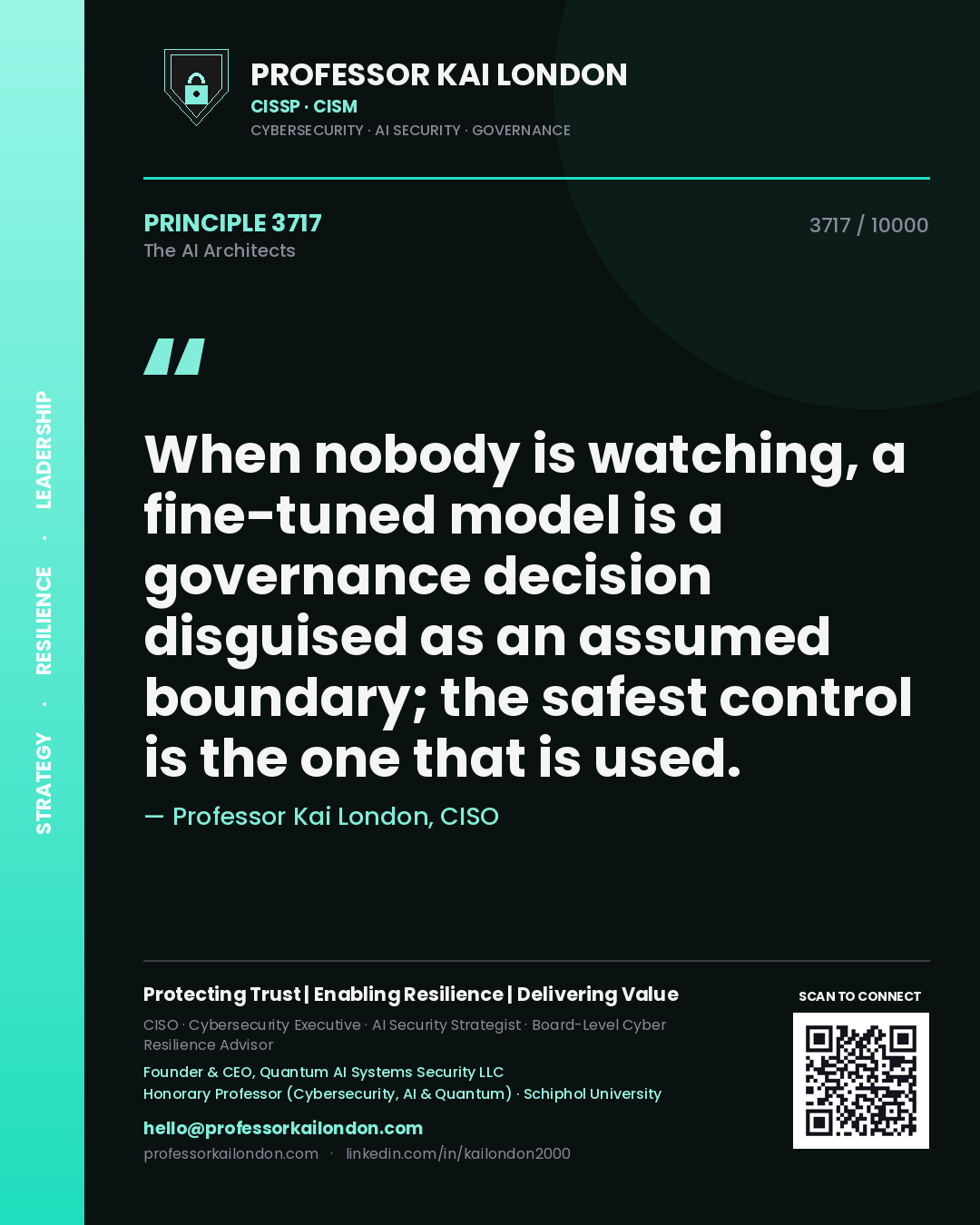 Quote card by Professor Kai London reading 'When nobody is watching, a fine-tuned model is a governance decision disguised as an assumed boundary; the safest control is the one that is used.'. From the book The AI Architects.