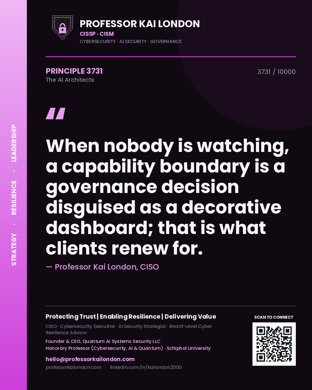 Quote card by Professor Kai London reading 'When nobody is watching, a capability boundary is a governance decision disguised as a decorative dashboard; that is what clients renew for.'. From the book The AI Architects.