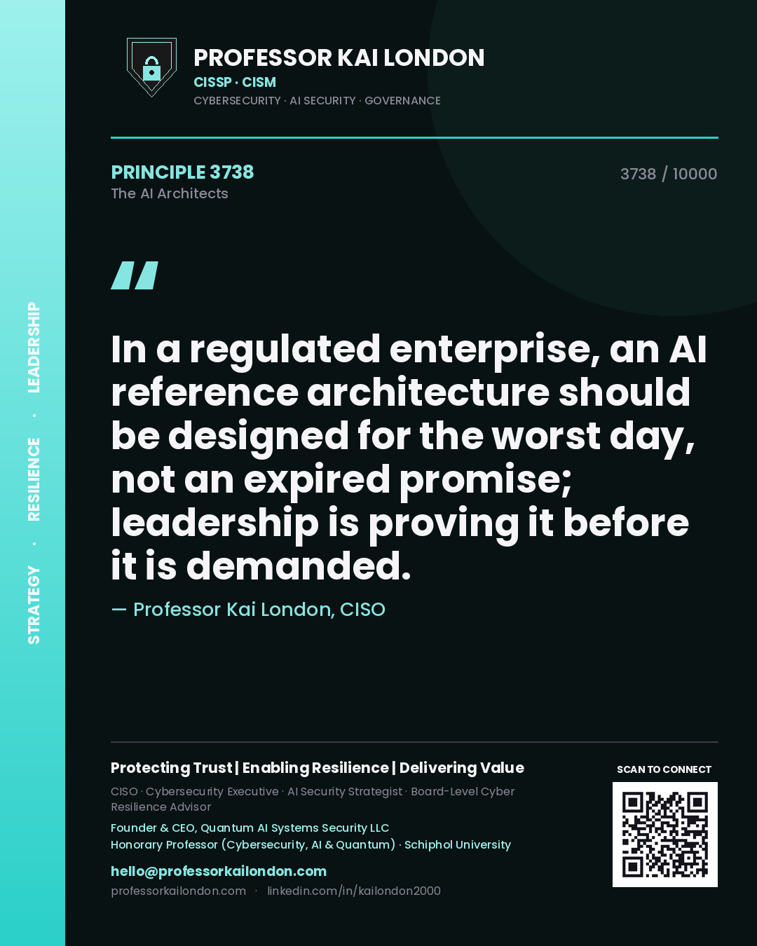 Professor Kai London principle 3738: In a regulated enterprise, an AI reference architecture should be designed for the worst day, not an expired promise; leadership is proving it before it is demanded.