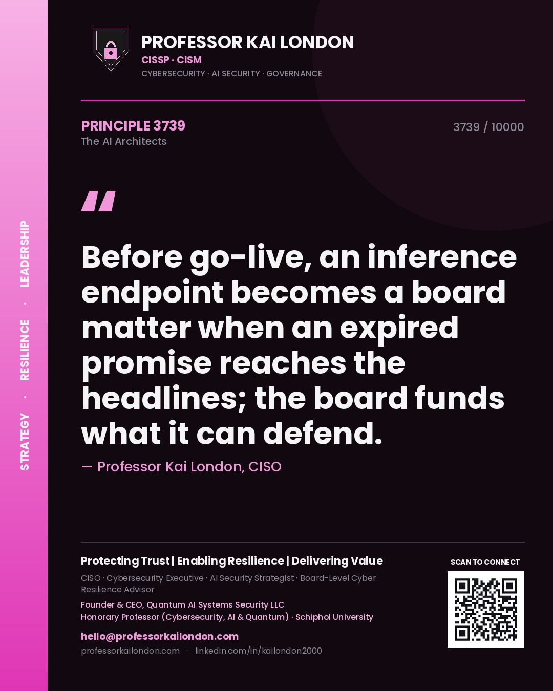 Professor Kai London principle 3739: Before go-live, an inference endpoint becomes a board matter when an expired promise reaches the headlines; the board funds what it can defend.