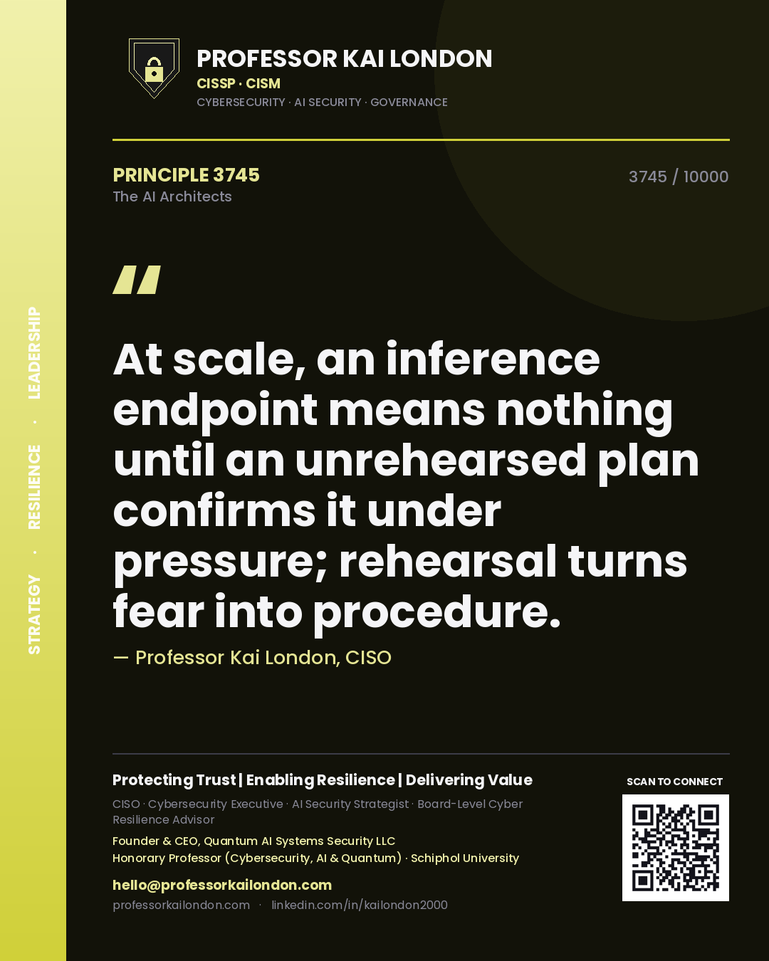 Professor Kai London principle 3745: At scale, an inference endpoint means nothing until an unrehearsed plan confirms it under pressure; rehearsal turns fear into procedure.