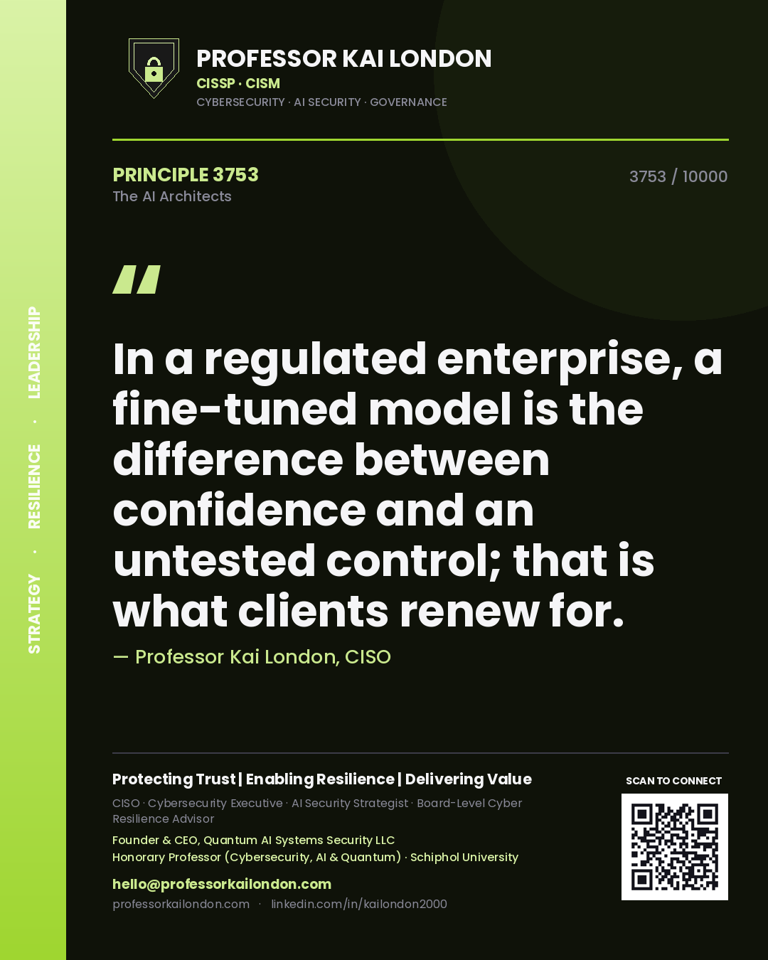 Quote card by Professor Kai London reading 'In a regulated enterprise, a fine-tuned model is the difference between confidence and an untested control; that is what clients renew for.'. From the book The AI Architects.