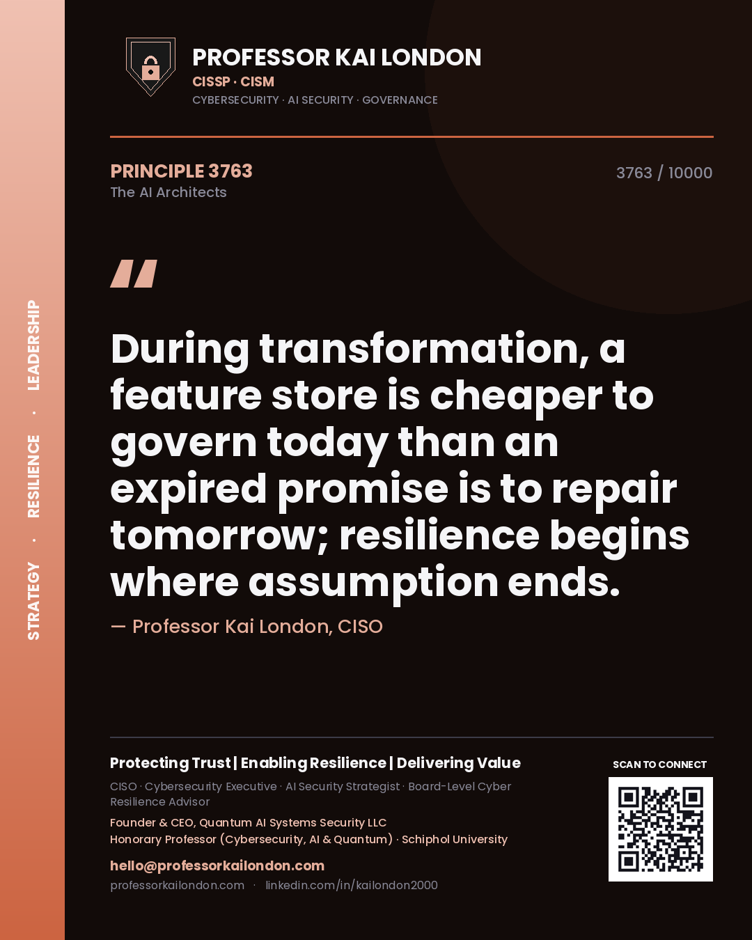 Quote card by Professor Kai London reading 'During transformation, a feature store is cheaper to govern today than an expired promise is to repair tomorrow; resilience begins where assumption ends.'. From the book The AI Architects.
