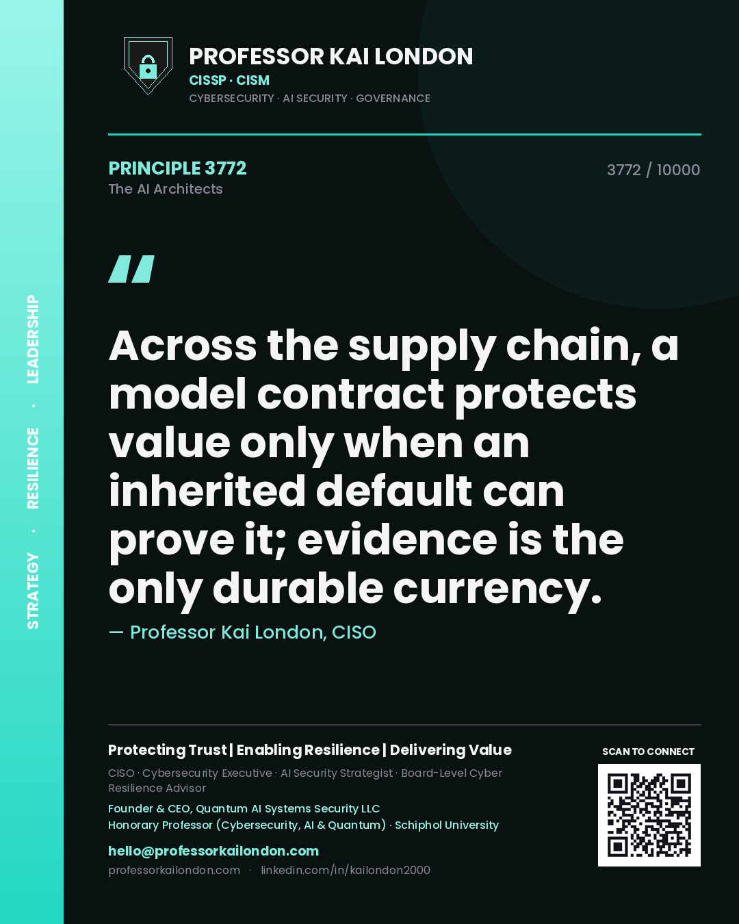 Quote card by Professor Kai London reading 'Across the supply chain, a model contract protects value only when an inherited default can prove it; evidence is the only durable currency.'. From the book The AI Architects.