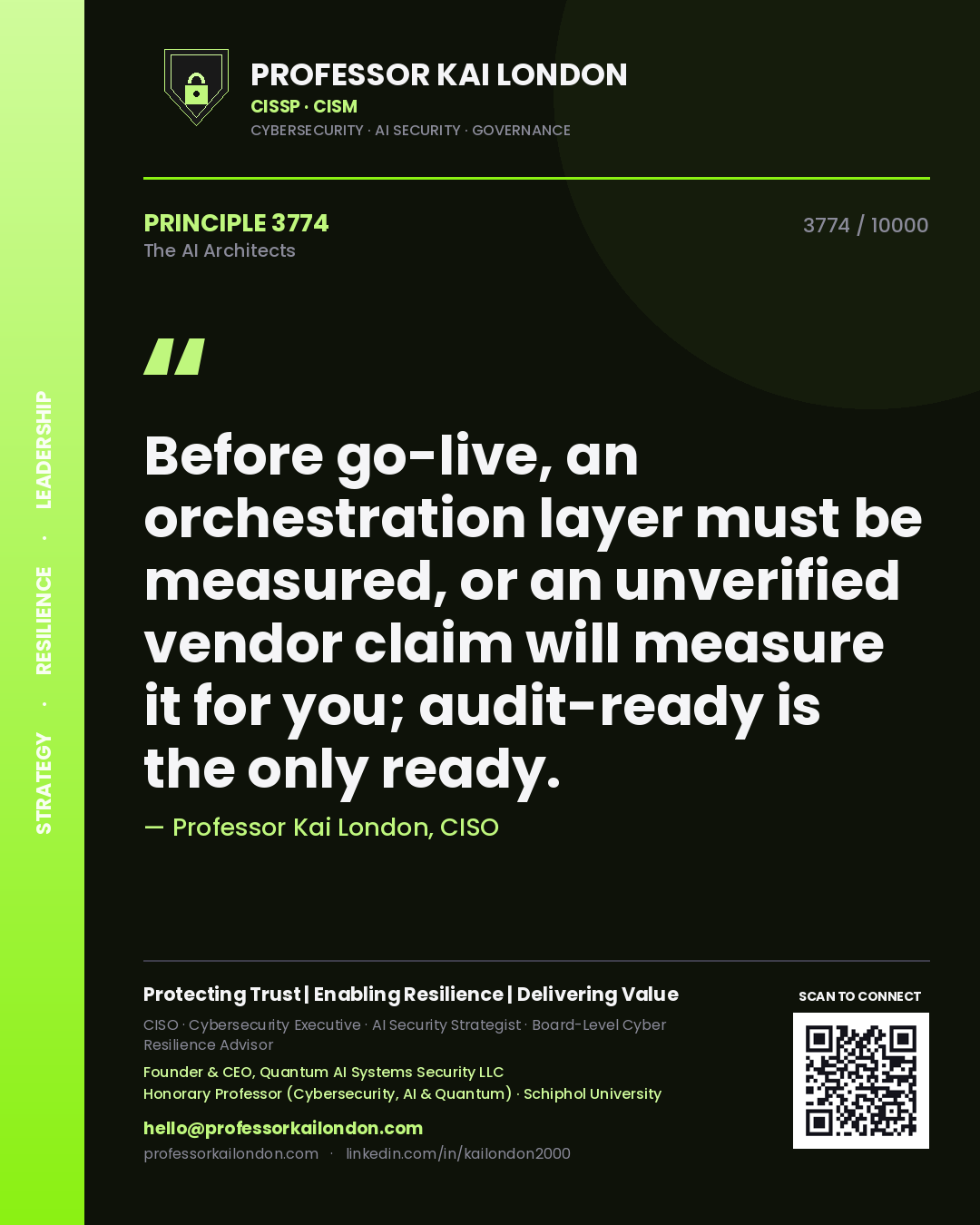 Professor Kai London principle 3774: Before go-live, an orchestration layer must be measured, or an unverified vendor claim will measure it for you; audit-ready is the only ready.